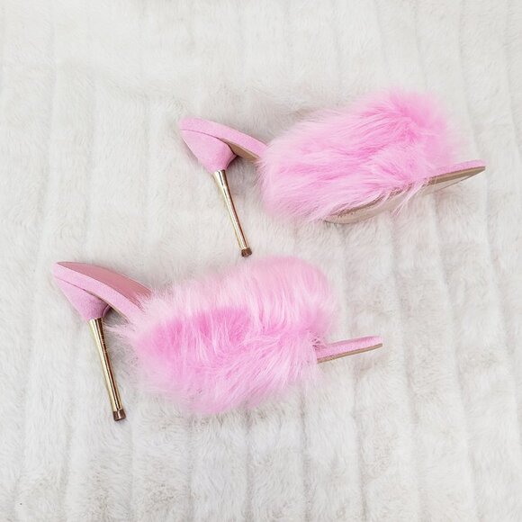 Furry Pointy Toe Slip On Gold Tone Slim Heels Pink Fuji - Picture 3 of 14